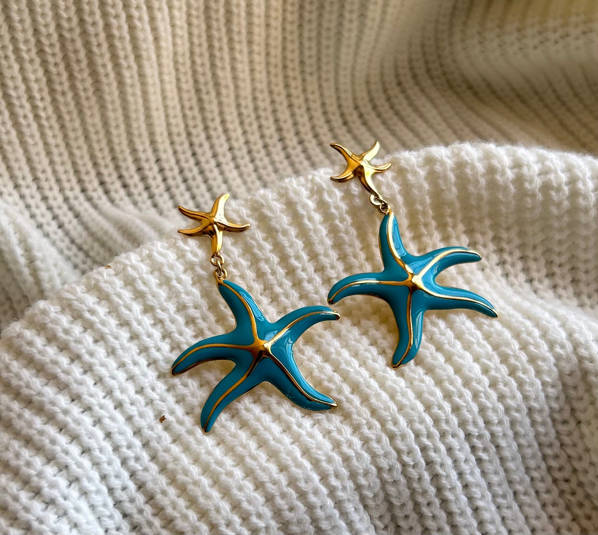✨ Boucles d’Oreilles Étoile de Mer Turquoise – Style Marin Élégant