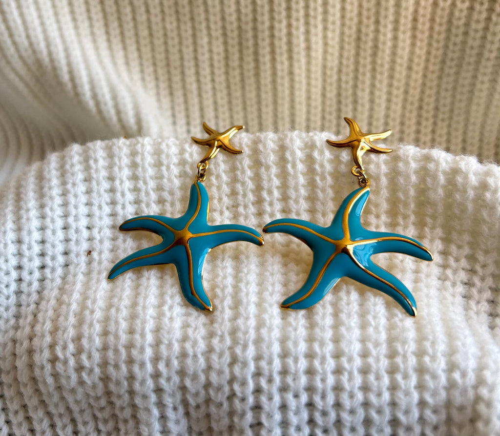 ✨ Boucles d’Oreilles Étoile de Mer Turquoise – Style Marin Élégant