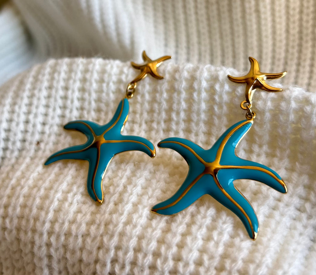 ✨ Boucles d’Oreilles Étoile de Mer Turquoise – Style Marin Élégant